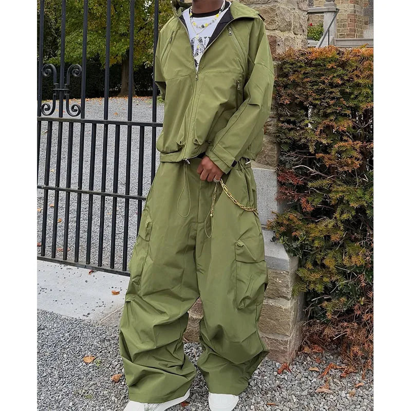 Custom Men's Suit Jacket Set Baggy Zip up Jacket and Cargo Pants Set Windproof Winderbreak Jacket Set