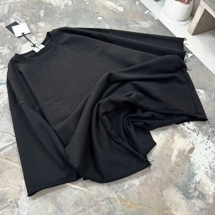 Custom 100% Cotton 300 Grams French Terry Knitted O-Neck Loose Fit Solid Blank Washed Street Style Men's T-shirt Raw Cut Hem