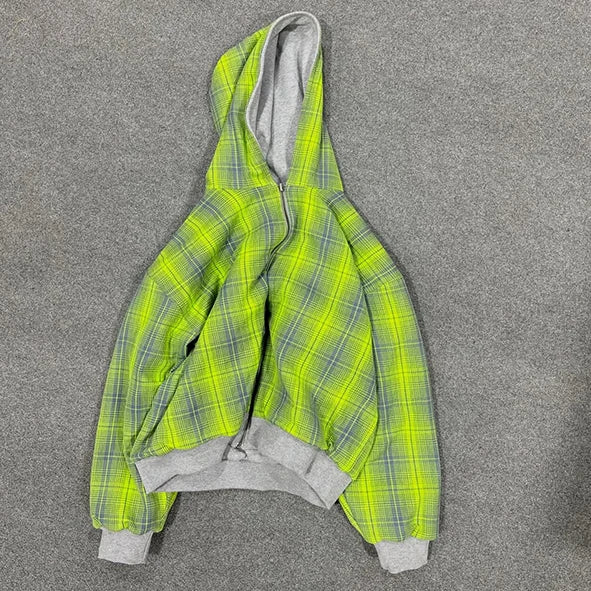 Custom Reversible Zip-Up Hoodie for Men 100% Cotton Oversized Plaid Zipper Hoodie