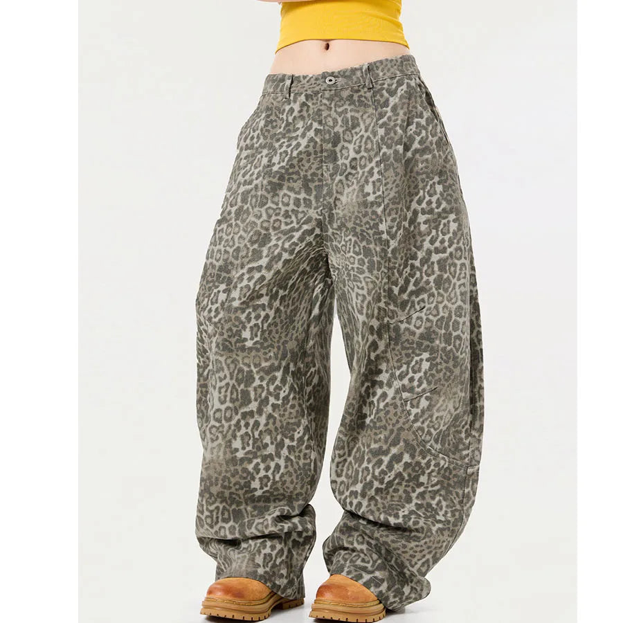 Custom Eco-Friendly Casual Spring Women's Loose Fit Leopard Print Wide Leg Barrel Pants Polyester/Cotton New Styles