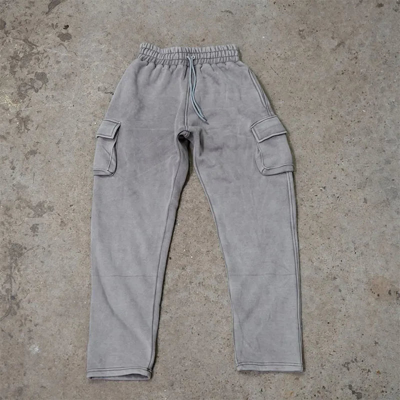 Custom Men's Vintage Straight Casual Cargo Jogger Pants Heavyweight Worsted 100% Cotton Mid Waist Drawstring Closure Sweatpants