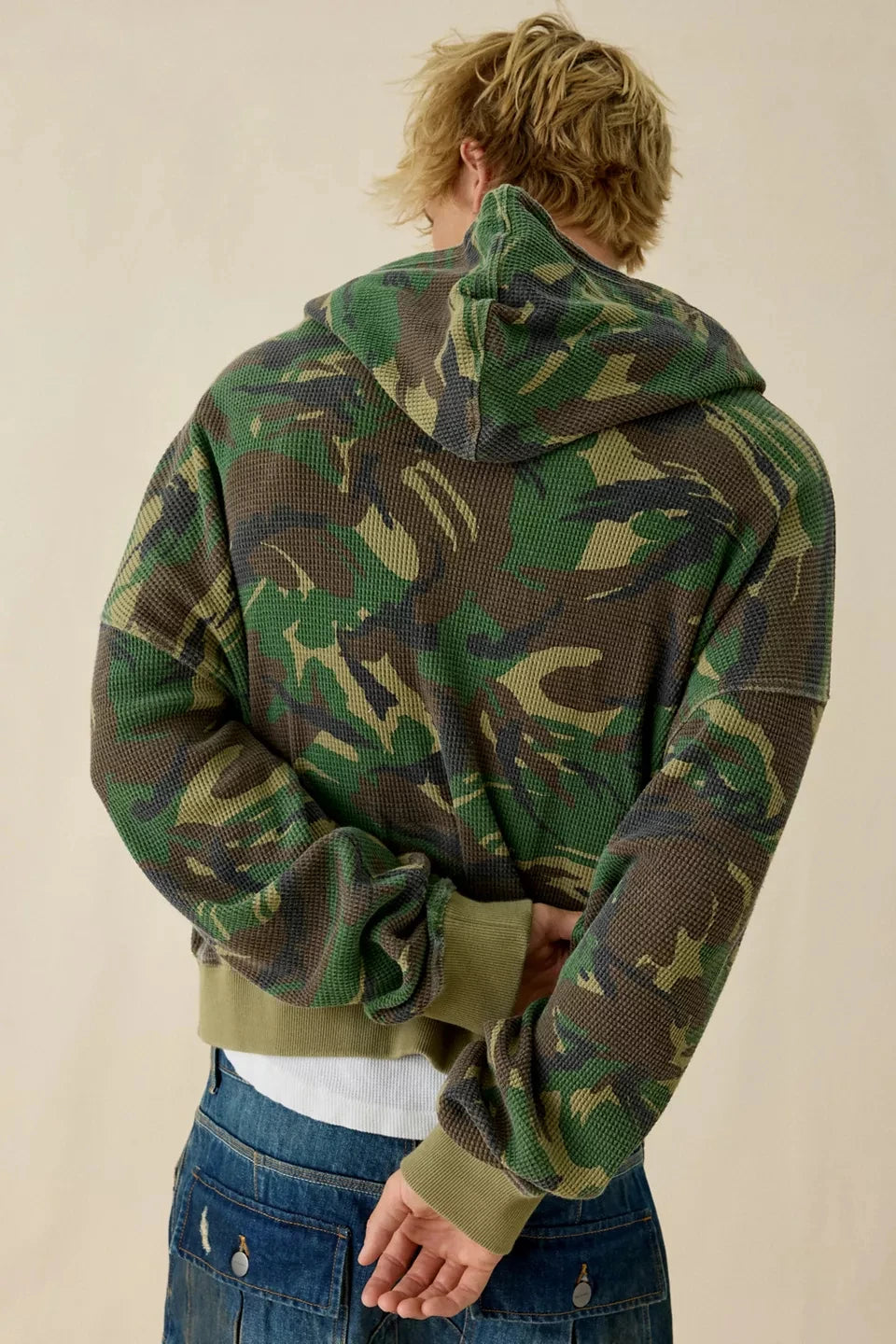 Custom Camo Pattern Waffle Zip up Hoodie for Men Boxy Camouflage Zipper Hoodie