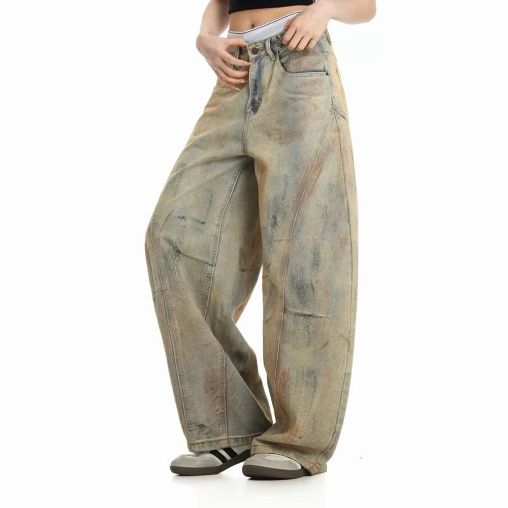 Custom Women's Barrel Jeans Dirty Washed Denim Jeans for Women Jeans Pants
