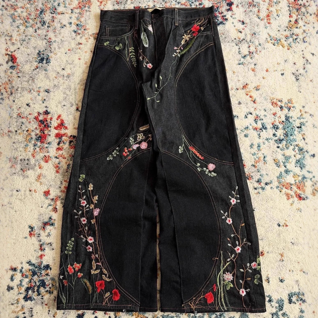 Custom Baggy Jeans Y2k Selvage Denim Jeans Black Wide Leg Embroidery Wide Leg  Floral Jeans for Men