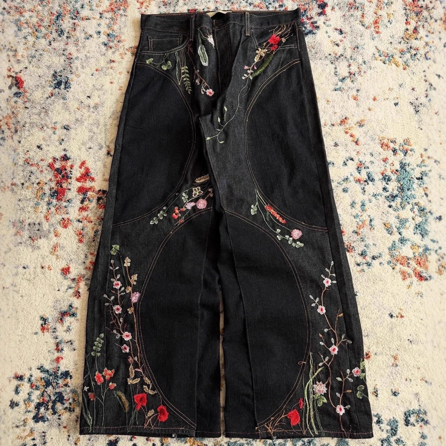 Custom Baggy Jeans Y2k Selvage Denim Jeans Black Wide Leg Embroidery Wide Leg  Floral Jeans for Men