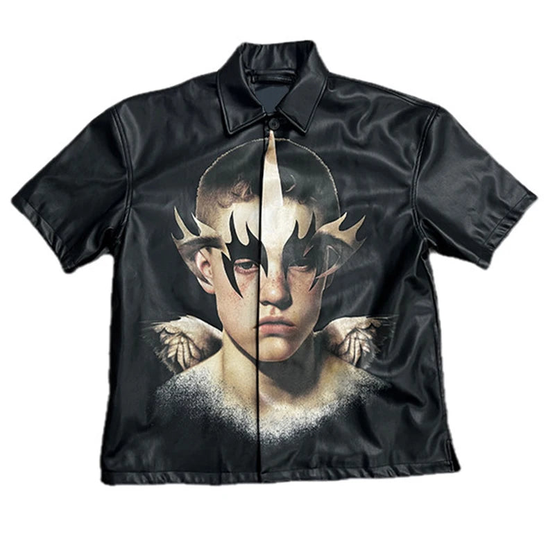 Custom Mens Leather Shirt for Men Zip up Black Leather Shirt Short Sleeve Graphic Print Pu Leather Shirt