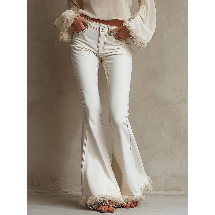 Custom Women's Skinny Flare Jeans White Frayed Hem Low Rise 100% Cotton Denim