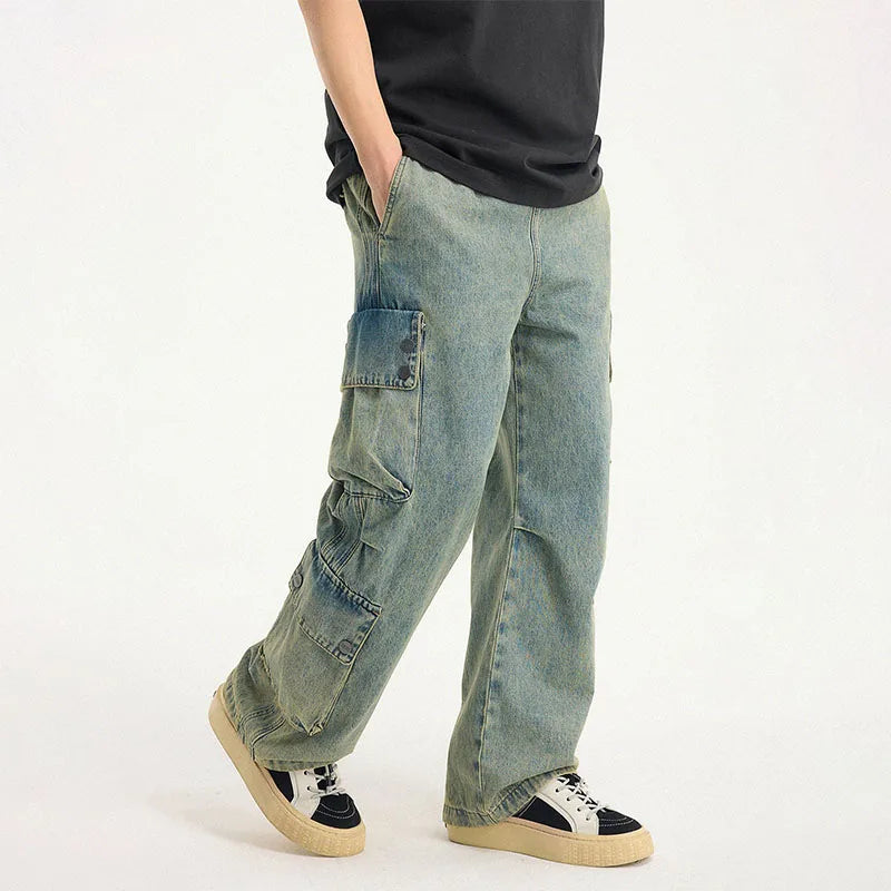 Custom Men's Vintage Casual Cargo Denim Jeans Men Mid Waist Light Wash Jeans with Side Pockets