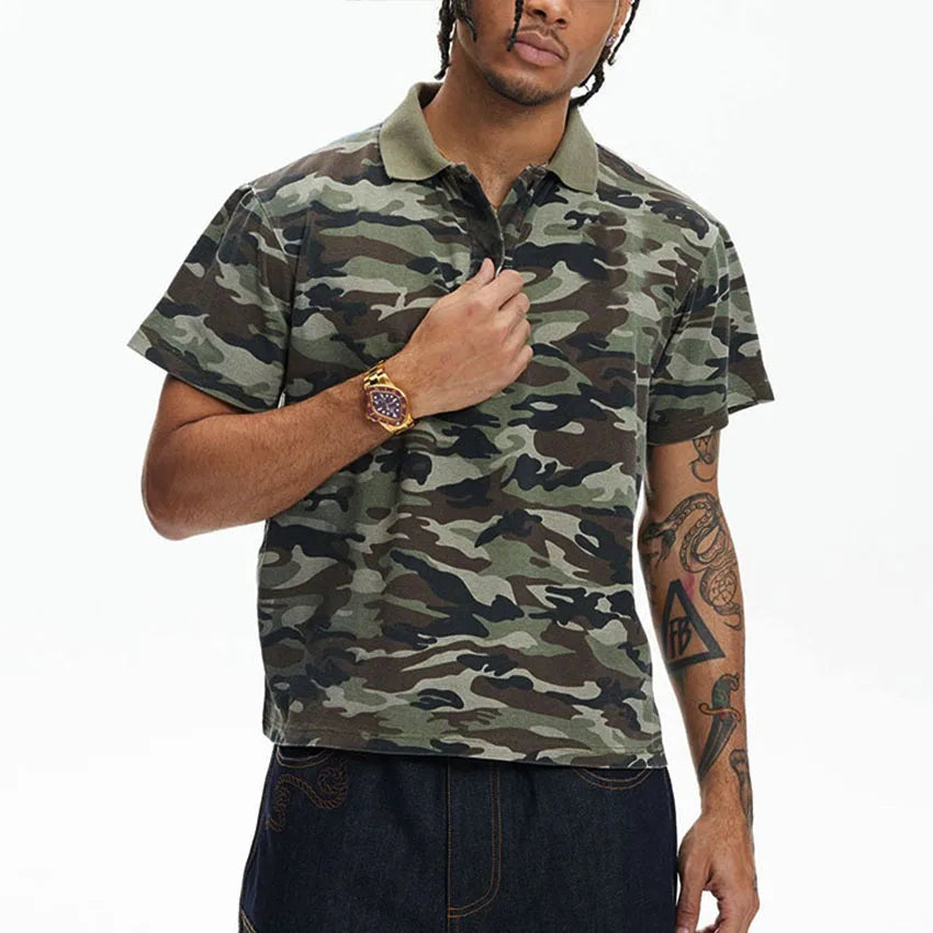 Custom Men's Premium 100% Cotton Anti-Wrinkle Knitted Camouflage Polo Shirt for Men Boxy Camo Polo Shirt