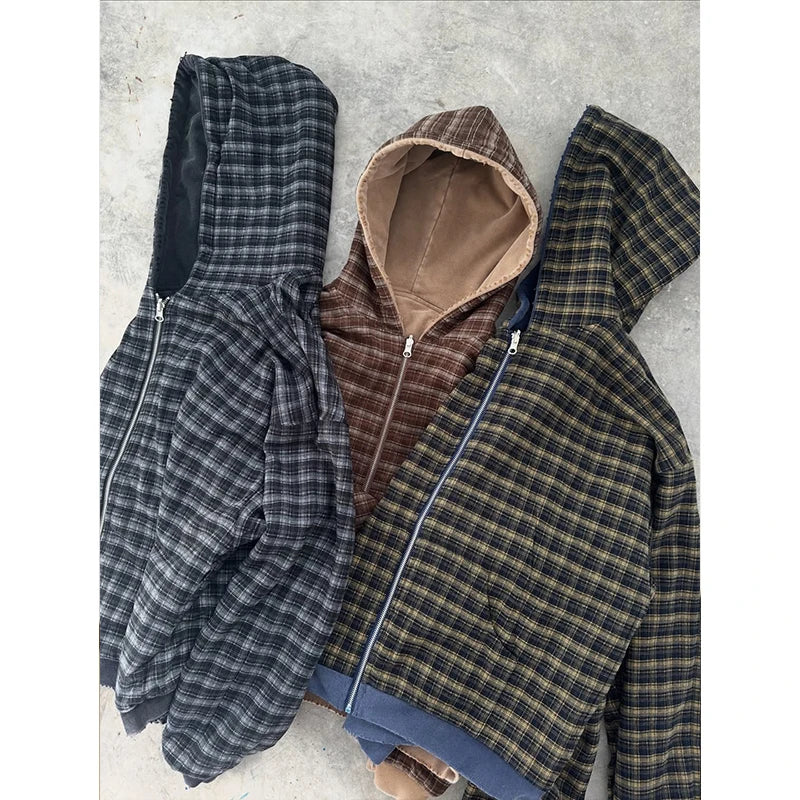 Customised  Plaid Zip up Hoodie for Men Reversible Plaid Hoodie High Quality Heavyweight Hoodie