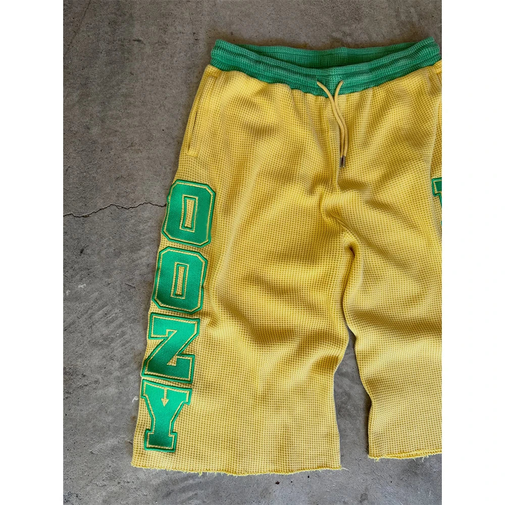 Custom Men's Summer Waffle Knitted Long Baggy Shorts for Men Embroidery 3/4 Sweat Shorts
