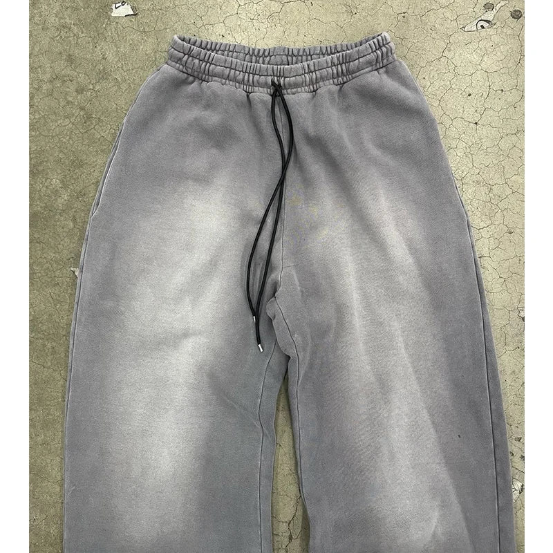 Custom Grey Vintage Wash Casual Heavyweight Drawstring Closure Mid Waist Oversized Cotton Uncuffed Sweatpants for Men