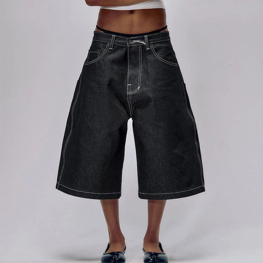 Custom Wide Leg 3/4 Long Jean Shorts for Women Baggy Raw Selvedge Denim Shorts Woman Jorts