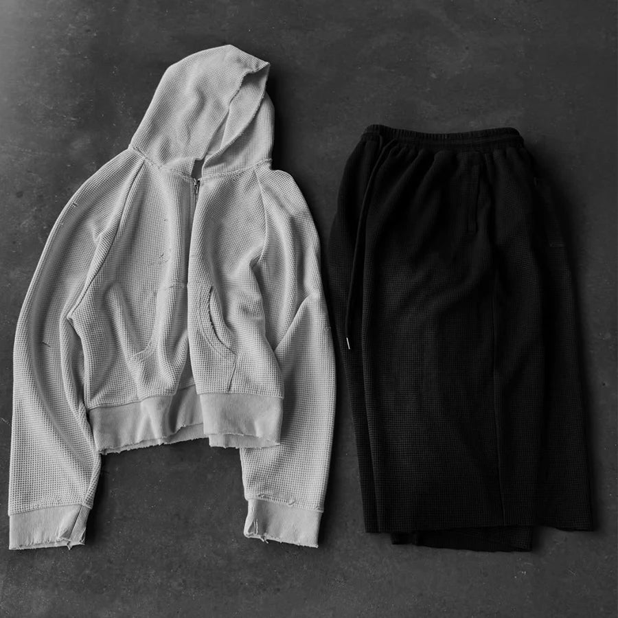 Custom Men's Summer Waffle Knit 2 Piece Hoodie and Shorts Set for Men Streetwear Tracksuits Shorts Sets