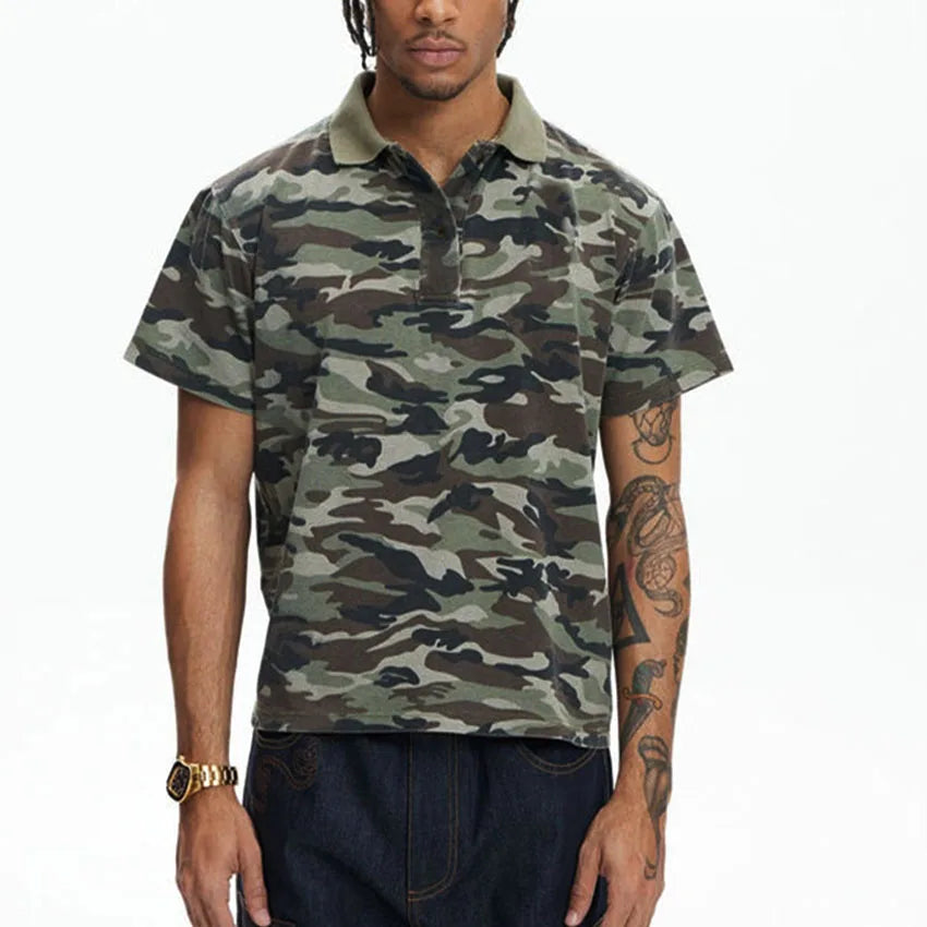 Custom Men's Premium 100% Cotton Anti-Wrinkle Knitted Camouflage Polo Shirt for Men Boxy Camo Polo Shirt