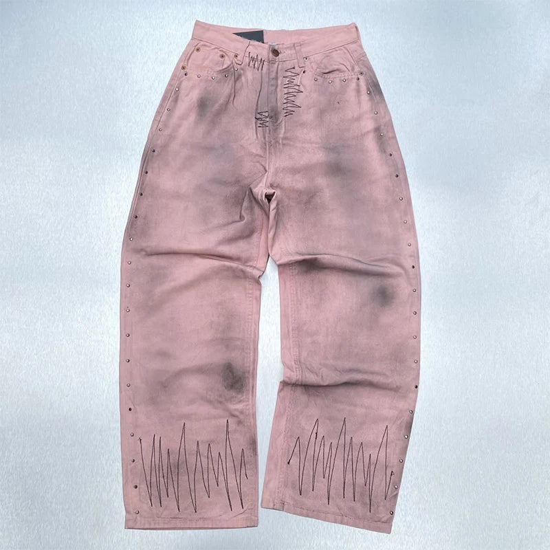Custom Men's Pink Straight Casual Light Wash Mid Waist Knitted Denim Jeans Washable Spring Street Wear