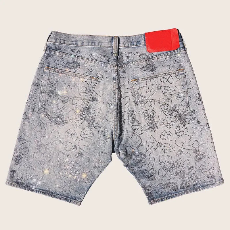 Custom Mens Fashion Rhinestone Denim Shorts for Men Designer Printed Jeans Shorts