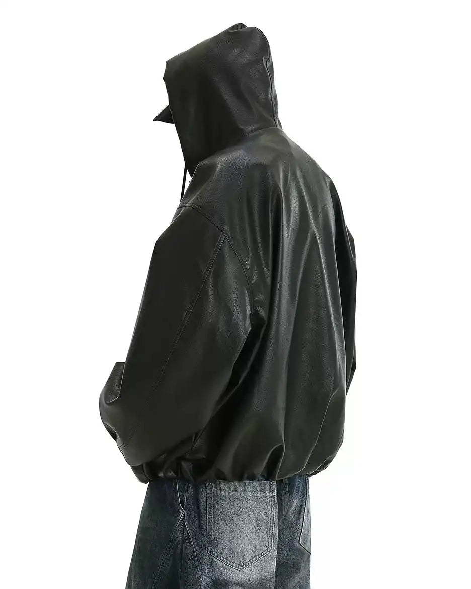 Custom Pu Hooded Leather Jacket for Men Oversize Zip up Hoodie Jacket