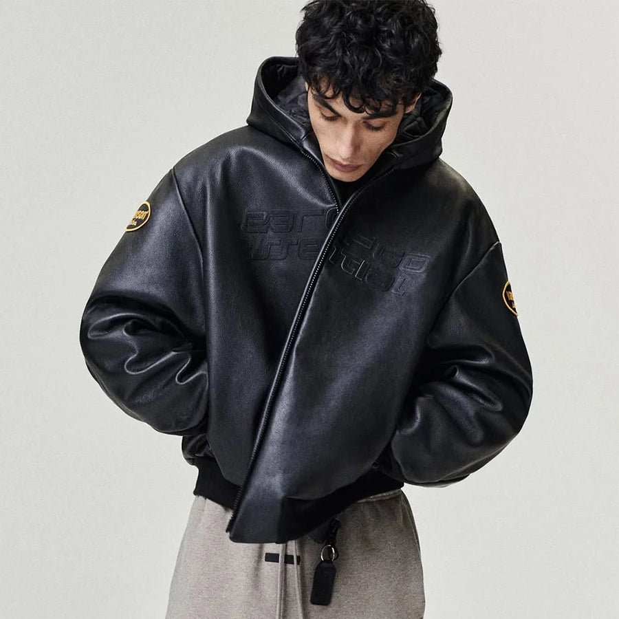 Custom Leather Jacket Men's Casual Zip up Bomber Jacket Men Boxy Hooded Leather Jacket High Quality