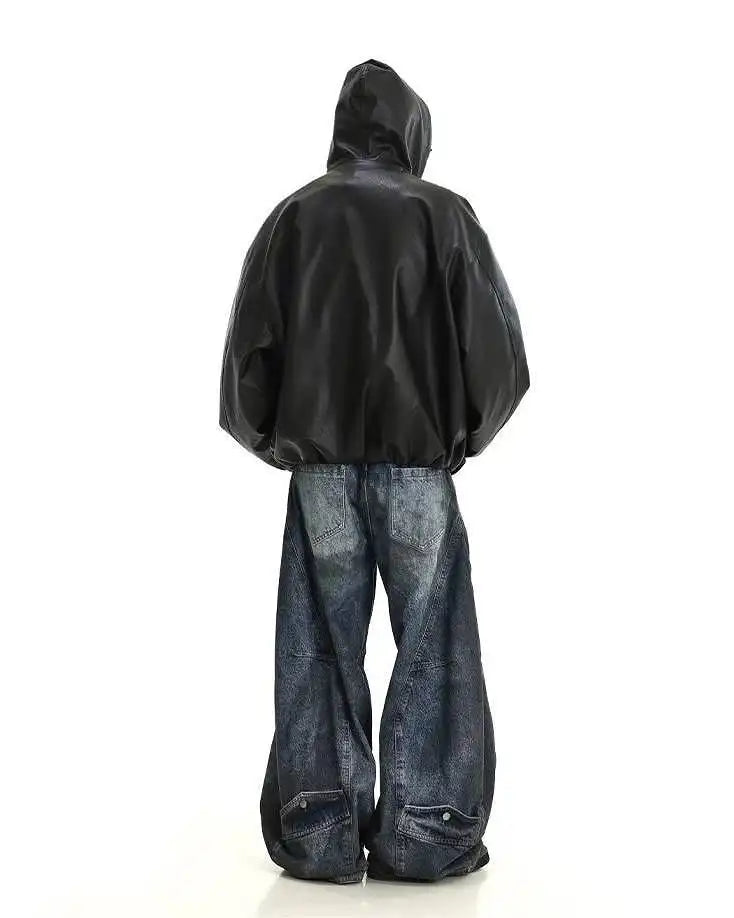Custom Pu Hooded Leather Jacket for Men Oversize Zip up Hoodie Jacket