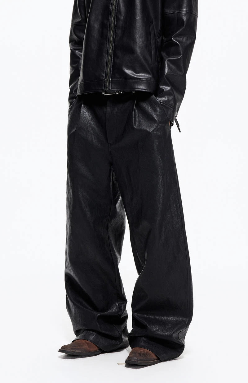 Customize Pleated Straight Leg Faux Leather Trousers Pants for Men Faux Leather Pant Manufacturer