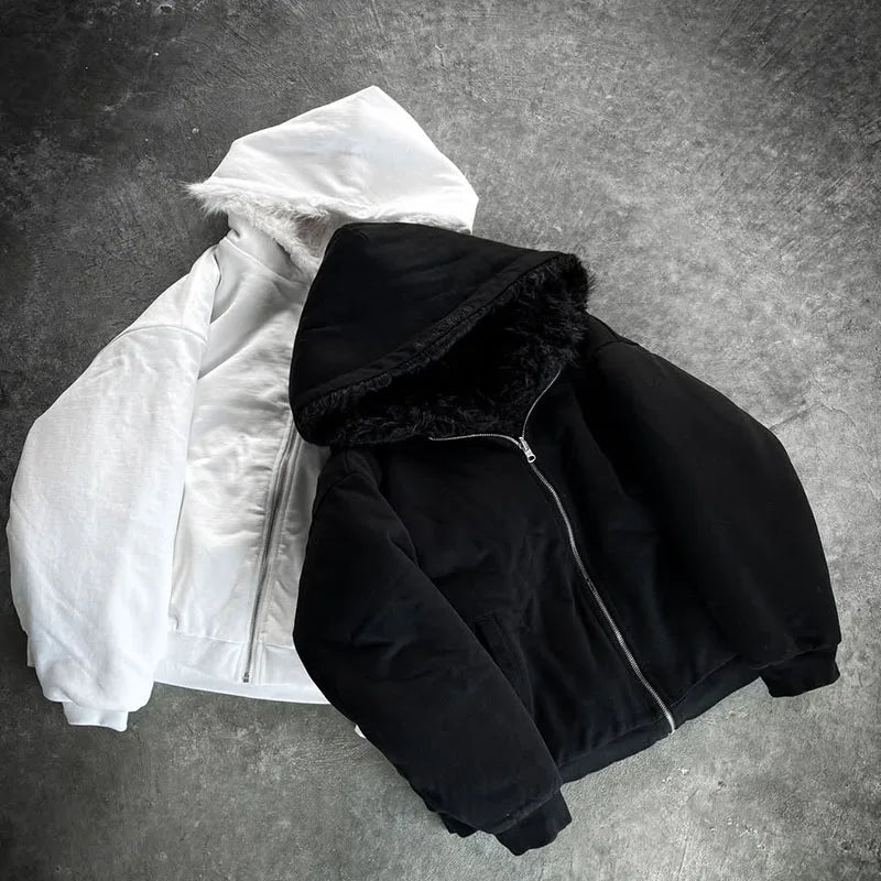 Custom Men's Winter Hoodie for Men Mens Winter Street Wear Clothing Zip up Fur Lined Hoodie
