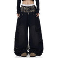 Custom Plus Size Women's Double Layer Waist Baggy Denim Jeans Ripped Wide Leg Jeans for Ladies