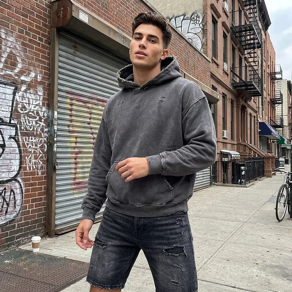 Custom Acid Wash Distressed Hoodie 420 Gsm Vintage Hoodies Hommes Men Sweaters and Hoodies