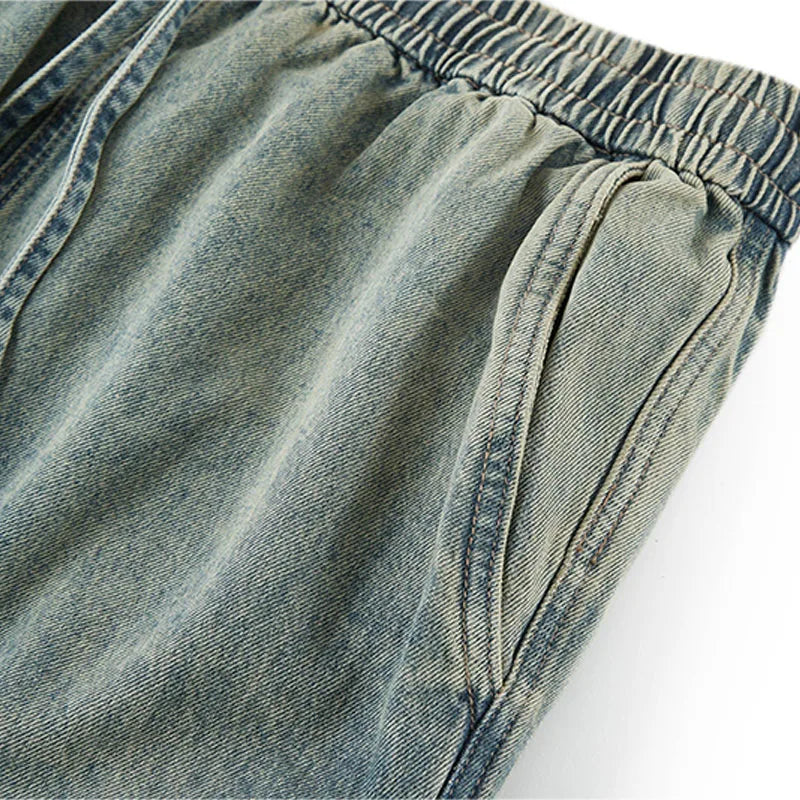 Custom Men's Vintage Casual Cargo Denim Jeans Men Mid Waist Light Wash Jeans with Side Pockets