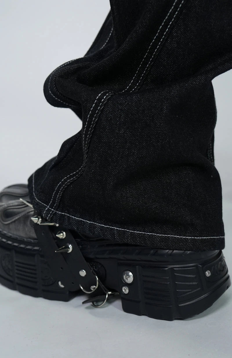Custom Raw Denim Button Panel Flared Jeans for Men Stacked Flare Jeans