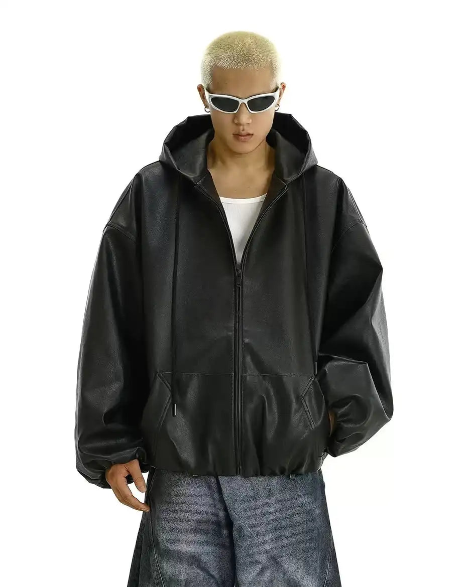 Custom Pu Hooded Leather Jacket for Men Oversize Zip up Hoodie Jacket