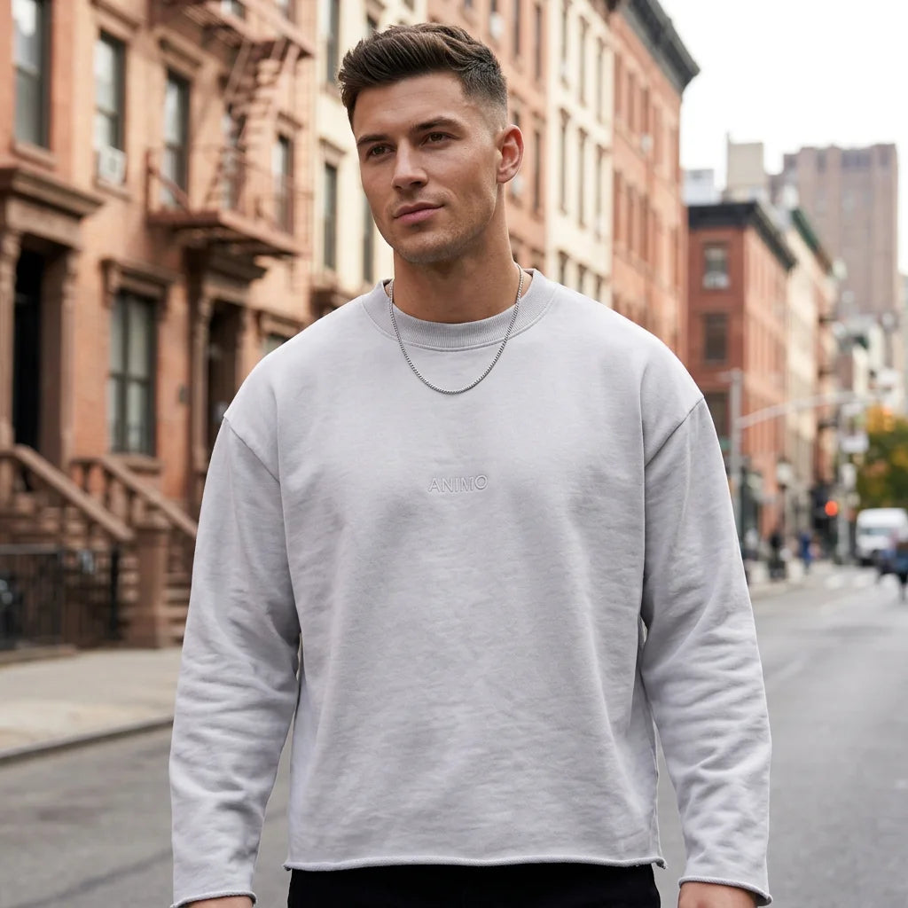Custom Men's Casual Boxy Fit Long Sleeve T-shirts 100% Cotton Fabric Raw Edge Boxy Cropped t Shirt for Men