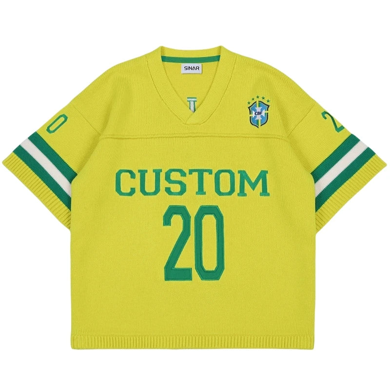 Custom LOGO Men Sweater Design Pullover Short Sleeve Football Jumper Summer V Neck Knitwear Casual Sweater Knitted Jerseys Men