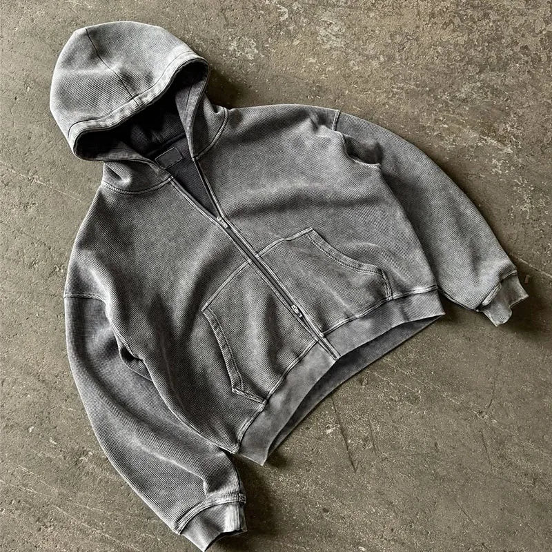 Custom Vintage Wash Cotton Waffle Knit Hoodie Men Thermal Waffle Knit Zip up Hoodie Men