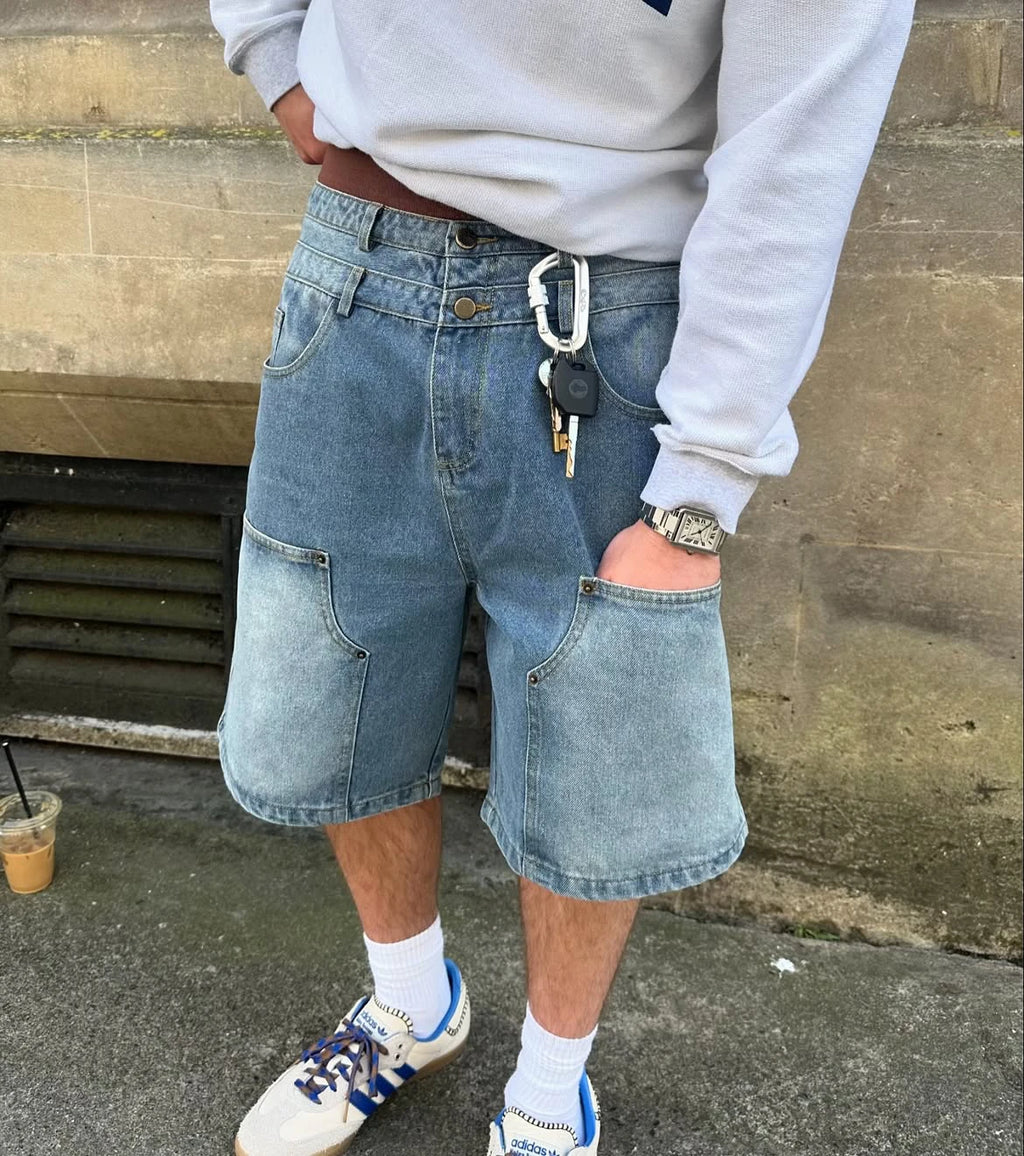 Custom Men's Streetwear Carpenter Denim Shorts Unisex Double Waistband Denim Short with Six Pockets