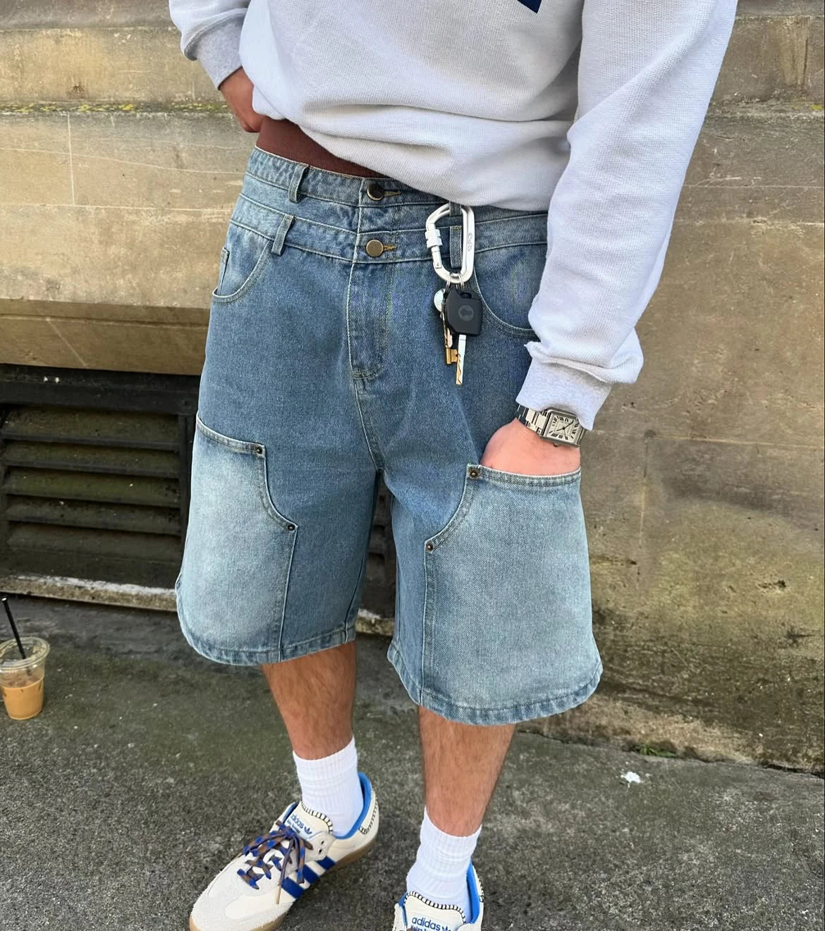 Custom Men's Streetwear Carpenter Denim Shorts Unisex Double Waistband Denim Short with Six Pockets