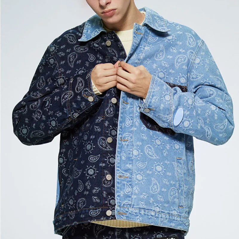 Unisex Custom 100% Cotton Paisley Jacquard Patchwork Denim Jacket for Men for Spring