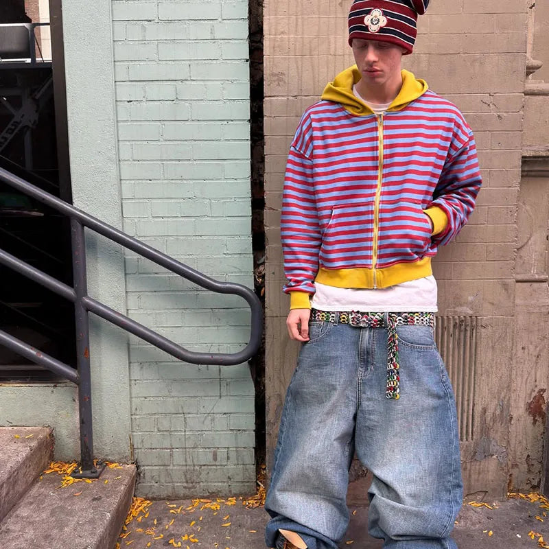Custom Mens Multi Striped Hoodie 100 Cotton  Zip up Streetwear Hoodie with Zipper