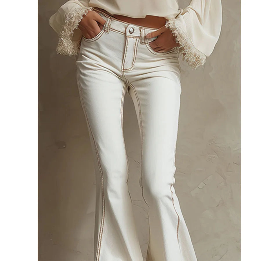 Custom Women's Skinny Flare Jeans White Frayed Hem Low Rise 100% Cotton Denim