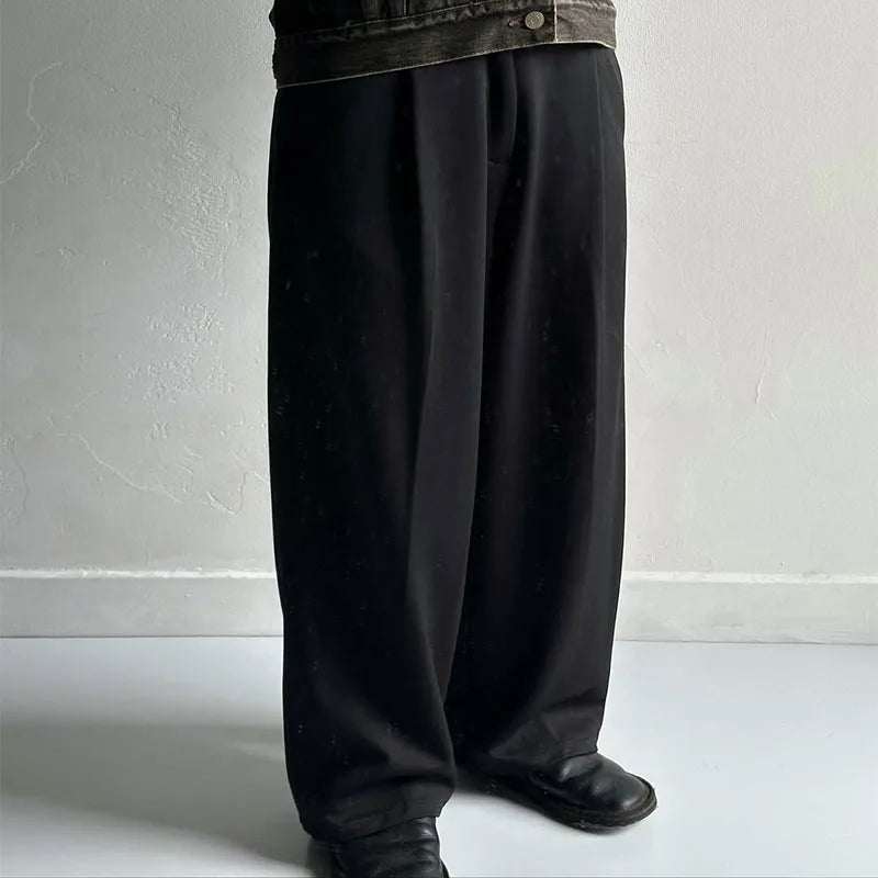 Custom Men's Korean Casual Pleated Pants Mid Waist 100% Polyester Worsted Heavyweight Anti-Wrinkle Zipper Fly Knitted Pockets