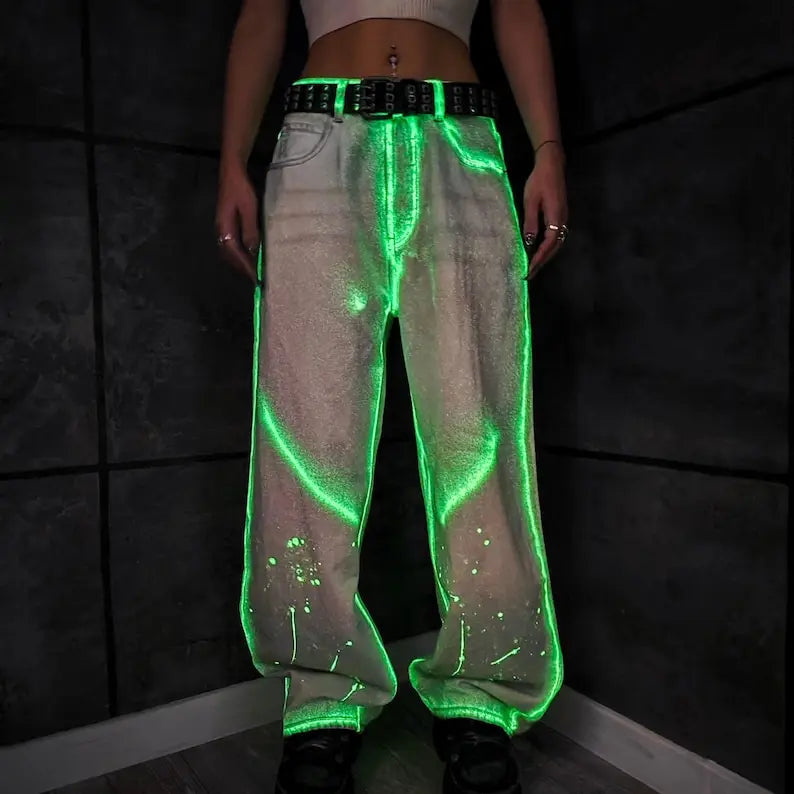 Custom Glow in the Dark Jeans Denim Pants Neon Streetwear jeans unisex trouser men women