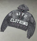 Custom High Quality Autumn Streetwear Cotton Hoodie Cropped Distressed Embroidery Heavyweight 500g Acid Wash Sweatshirt Set Men
