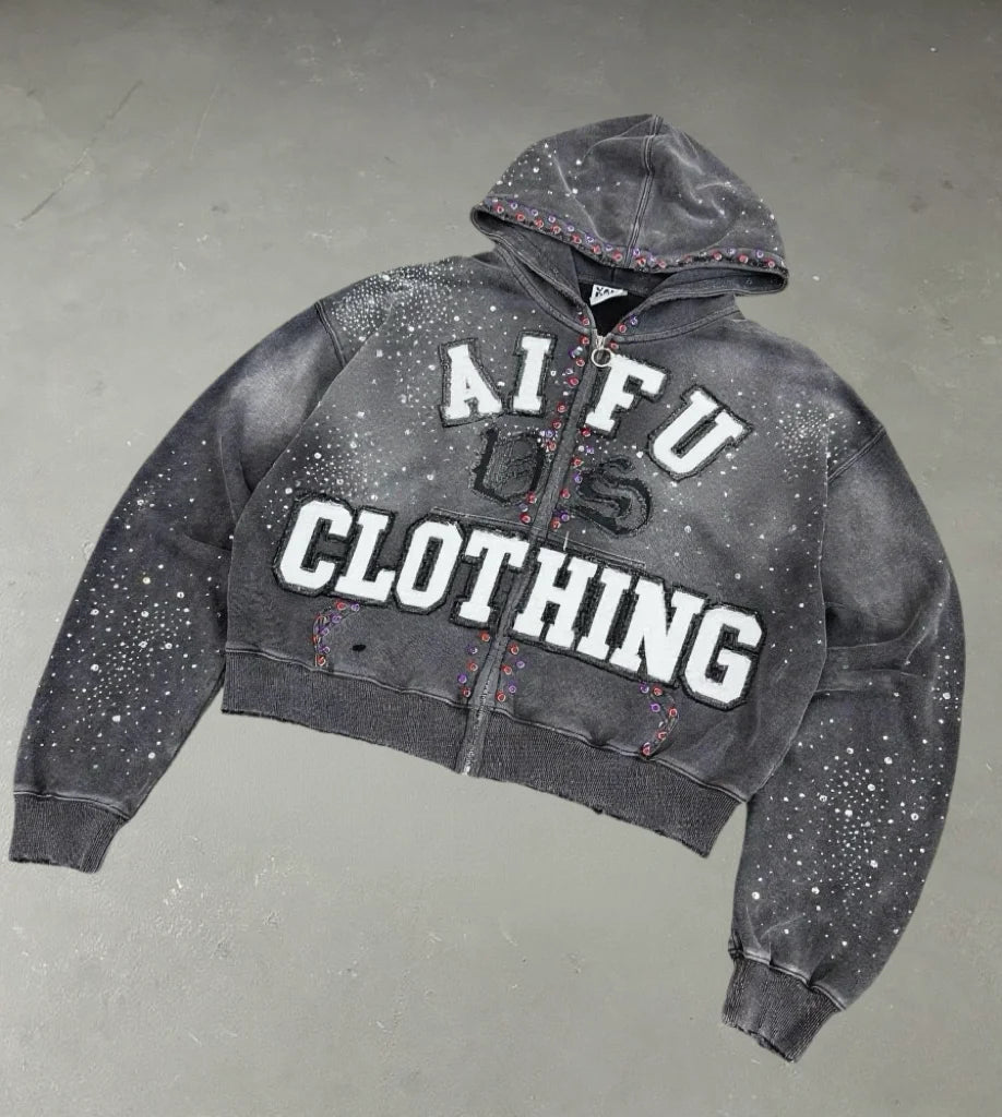 Custom High Quality Autumn Streetwear Cotton Hoodie Cropped Distressed Embroidery Heavyweight 500g Acid Wash Sweatshirt Set Men