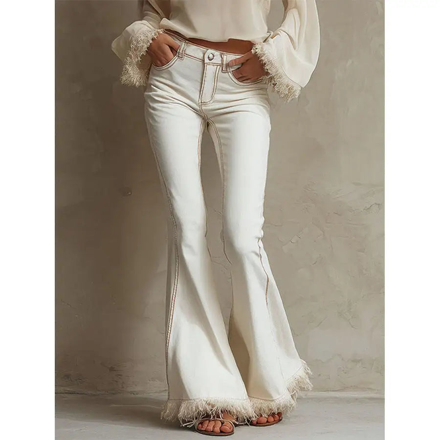 Custom Women's Skinny Flare Jeans White Frayed Hem Low Rise 100% Cotton Denim