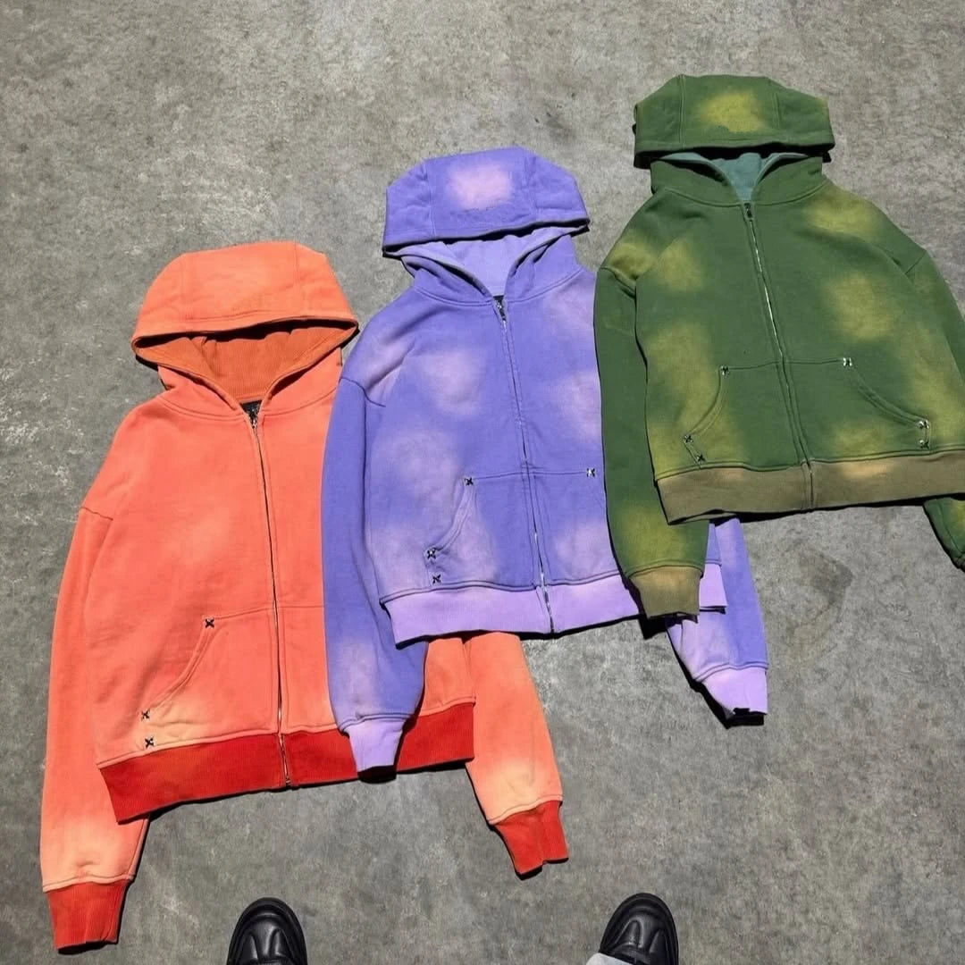 Custom Sun Faded Zip up Hoodie for Men Embroidery Patch Waffle Lined Zipper Hoodie