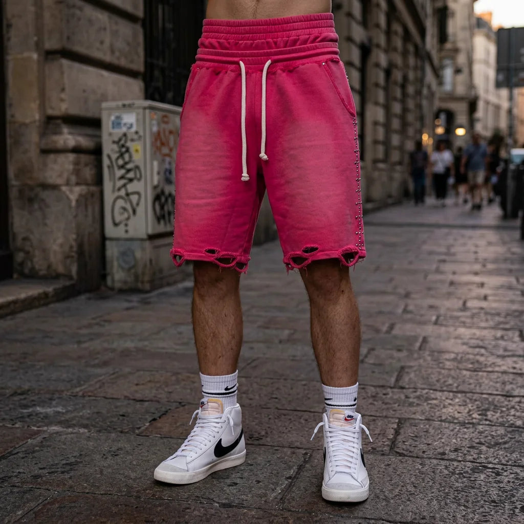 Custom Men's Baggy Sweat Shorts Double Waistband Distressed French Terry Shorts for Men