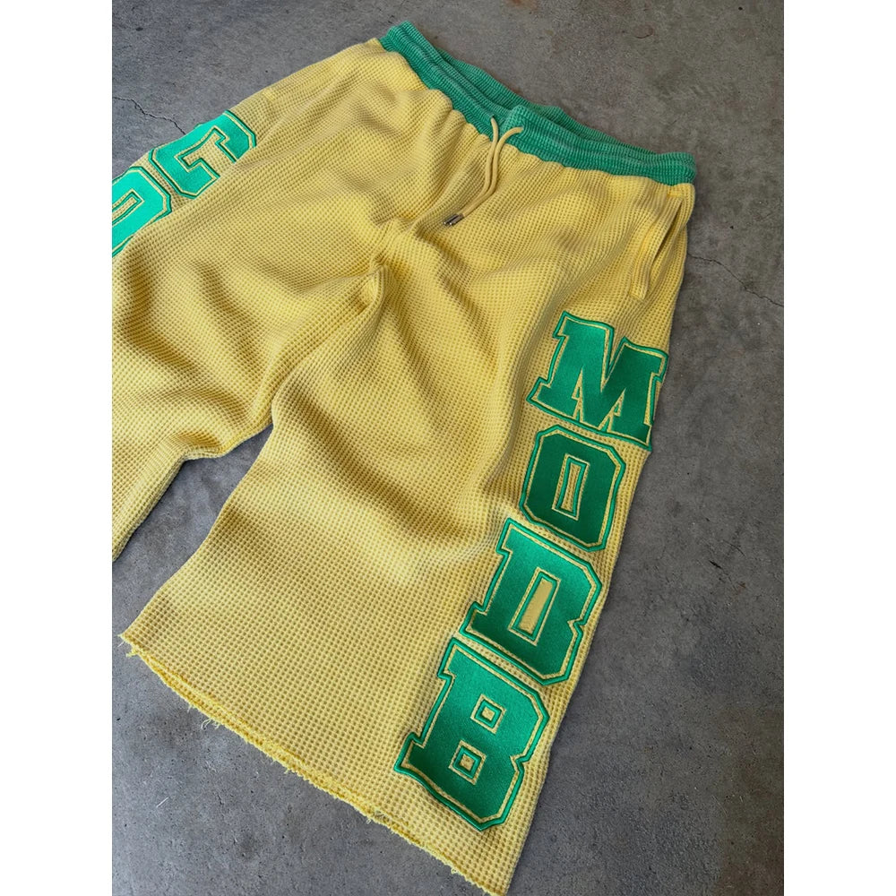 Custom Men's Summer Waffle Knitted Long Baggy Shorts for Men Embroidery 3/4 Sweat Shorts