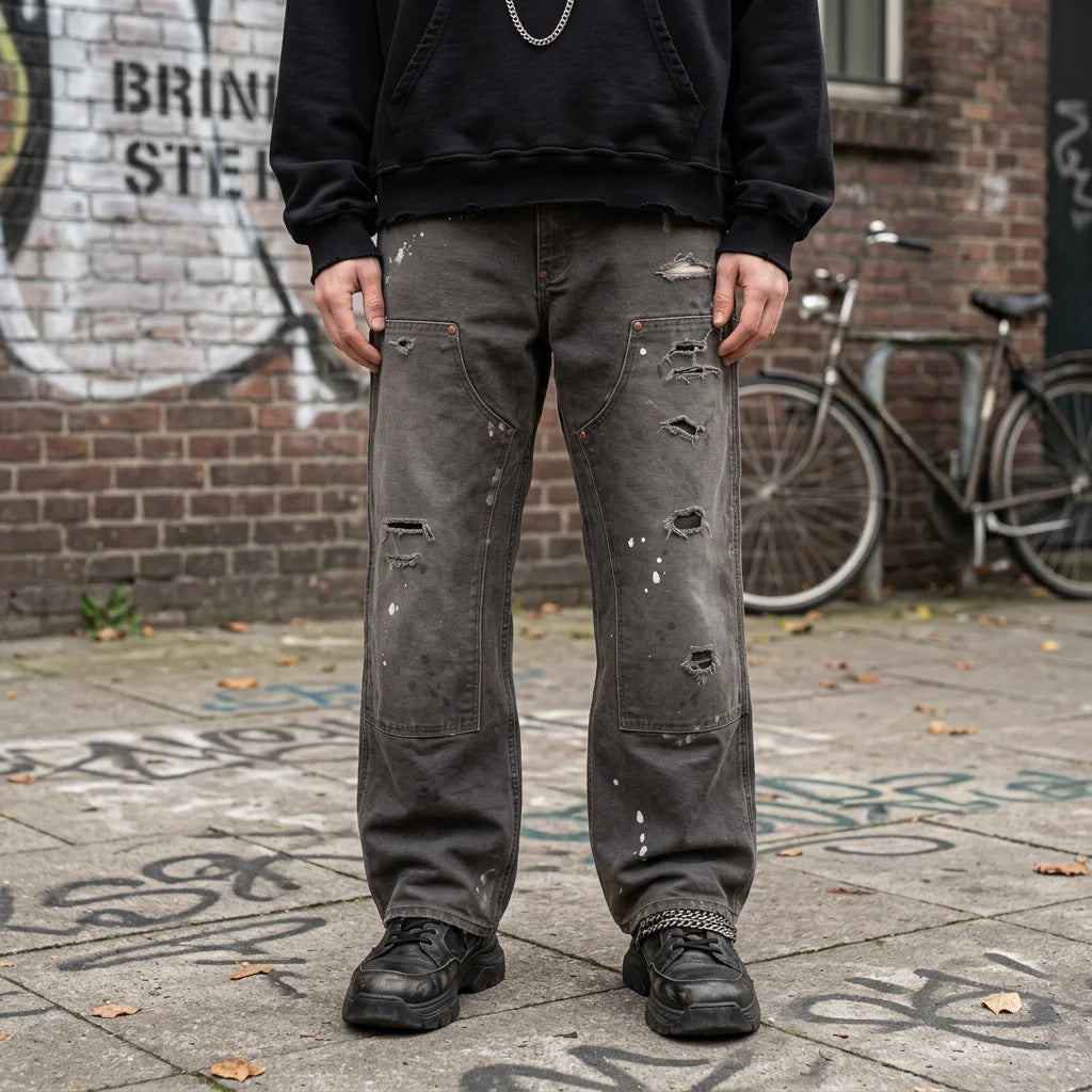 Custom Vintage Straight Mid Waist Work Trousers Distressed Double Knee Carpenter Pants Men's Casual