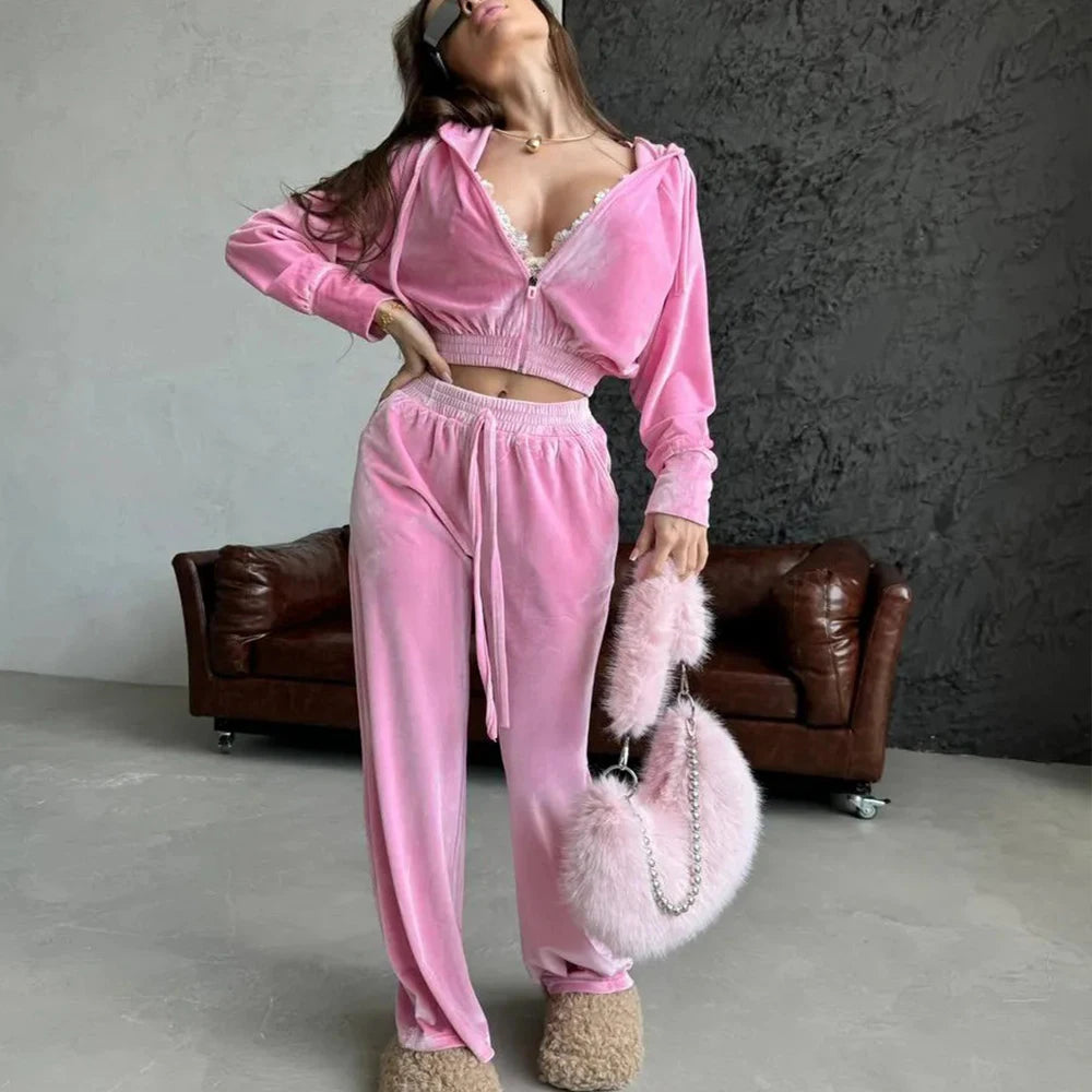 Custom Women's Tracksuit Set Ladies Velvet Tracksuit Women Velour Cropped Hoodie Tracksuit Set Track Suits for Ladies Women