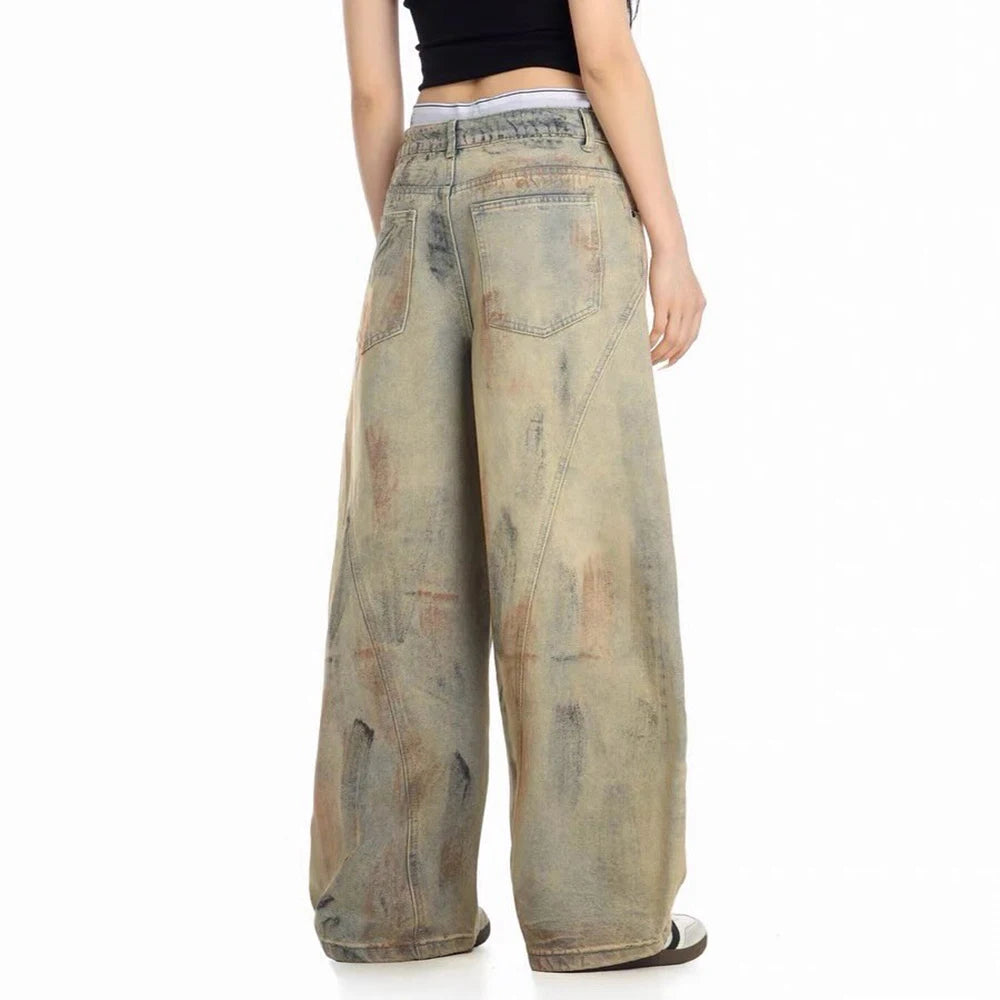 Custom Women's Barrel Jeans Dirty Washed Denim Jeans for Women Jeans Pants
